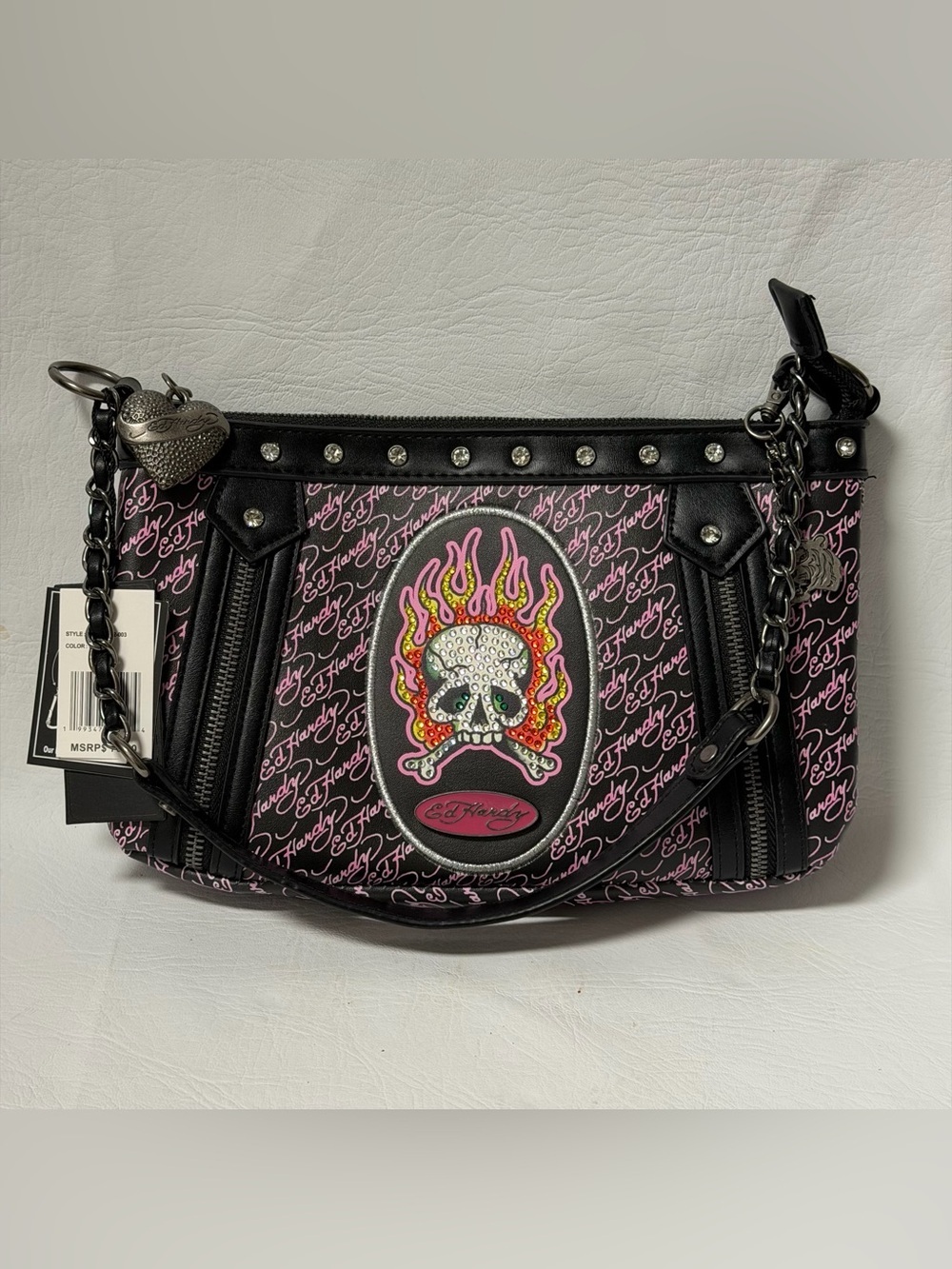 NWT Ed Hardy Handbag Black Pink Flaming Skull Rhinestone Studded Shoulder Bag